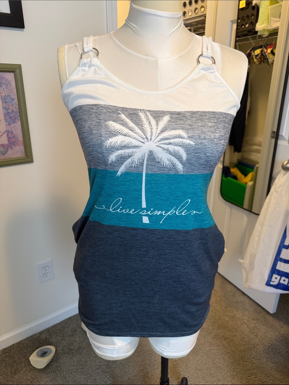 Live Simple Colorblock Palm Graphic Tank Top - Teal, Charcoal & White